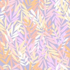 Naklejka na ściany i meble Cute colorful seamless pattern with hand drawn leaves and branches. Botanical vector background. Simple trendy floral print for fabric, wallpaper, stationery, wrapping paper