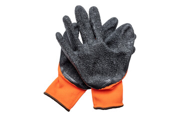 New nylon orange work gloves with black latex coating lying on top of each other with the working side up. Isolated on white background.