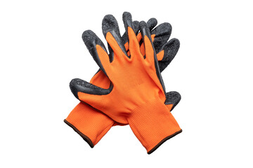 New nylon orange work gloves with black latex coating lying on top of each other with the working side down. Isolated on white background.
