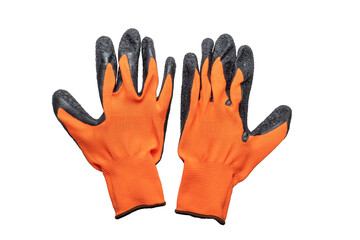 New nylon orange work gloves with a black latex coating, lying next to each other with the working side down. Isolated on white background.