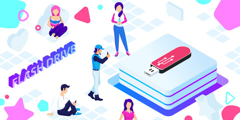 Flash drive isometric design icon. Vector web illustration. 3d colorful concept
