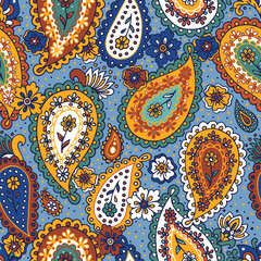 Traditional Indian boteh ornamental textile design. Colorful paisley print. Abstract psychedelic Buta seamless pattern . Hand drawn vector background.