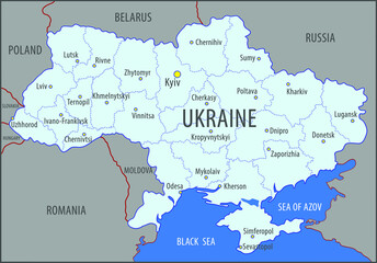 Ukraine. Map of the territory of the Ukrainian state divided into regions, indicating the capital and regional centers, depicting neighboring countries and seas. Vector illustration.