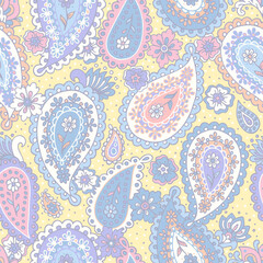 Traditional Indian boteh ornamental textile design. Colorful paisley print. Abstract psychedelic Buta seamless pattern . Hand drawn vector background.