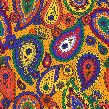 Traditional Indian boteh ornamental textile design. Colorful paisley print. Abstract psychedelic Buta seamless pattern . Hand drawn vector background.