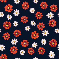 Ditsy flowers vector seamless pattern. Vintage floral surface pattern design. Retro styled botanical background. Chamomile meadow. Field of wild flowers. Modern print for fabric, paper