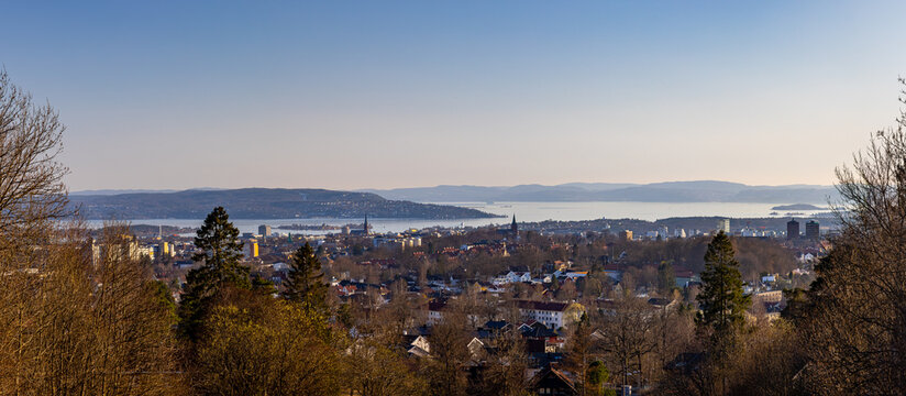 sunset in the mountains, Sogn, Oslo, Norway. View of Oslofiord and Nesodden, Oscarshall, Dyna fyr, island of Oslofiord.