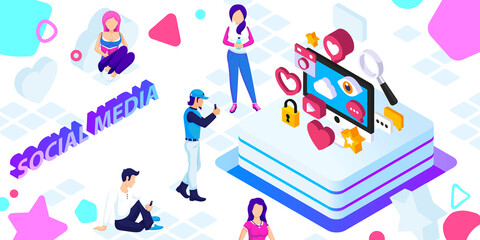 Social media isometric design icon. Vector web illustration. 3d colorful concept