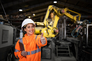 Portrait of female factory engineer showing thumbs up in front of the industrial robotic arm machine for welding.