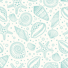 Sea shells, fossils, mollusks and starfish seamless pattern. Summer beach hand-drawn seaside vector print. Fashion textile monochrome blue and white colors. Seashore elements design for fabrics