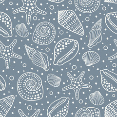 Sea shells, fossils, mollusks and starfish seamless pattern. Summer beach hand-drawn seaside vector print. Fashion textile monochrome blue and white colors. Seashore elements design for fabrics