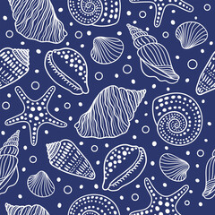 Sea shells, fossils, mollusks and starfish seamless pattern. Summer beach hand-drawn seaside vector print. Fashion textile monochrome blue and white colors. Seashore elements design for fabrics