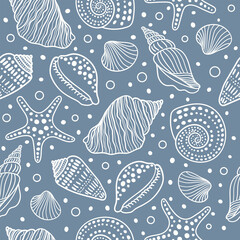 Sea shells, fossils, mollusks and starfish seamless pattern. Summer beach hand-drawn seaside vector print. Fashion textile monochrome blue and white colors. Seashore elements design for fabrics © Evgeniya Khudyakova