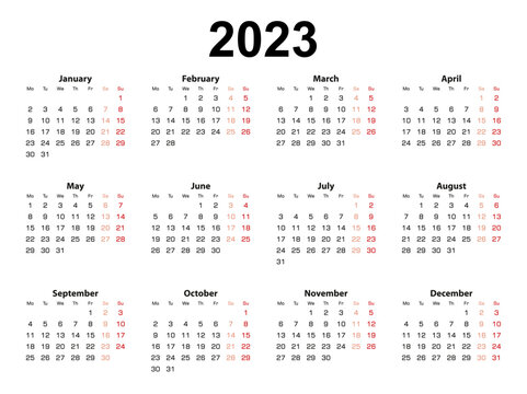 Calendar layout for 2023 year, week starts from Monday.