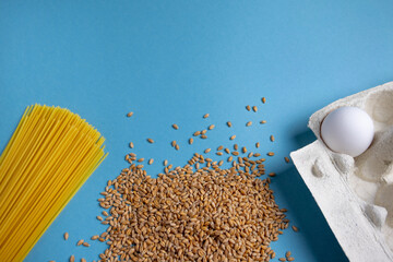 Food shortage, eggs, butter, wheat, pasta. Healthy food set.Basic necessities, rise in price due to...