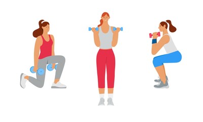 Young women doing workout, lifting dumbbells. Flat vector illustration, set of isolated characters