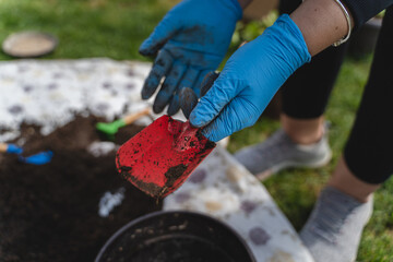 A woman is planting flowers in her backyard garden with planting tools during a sunny day