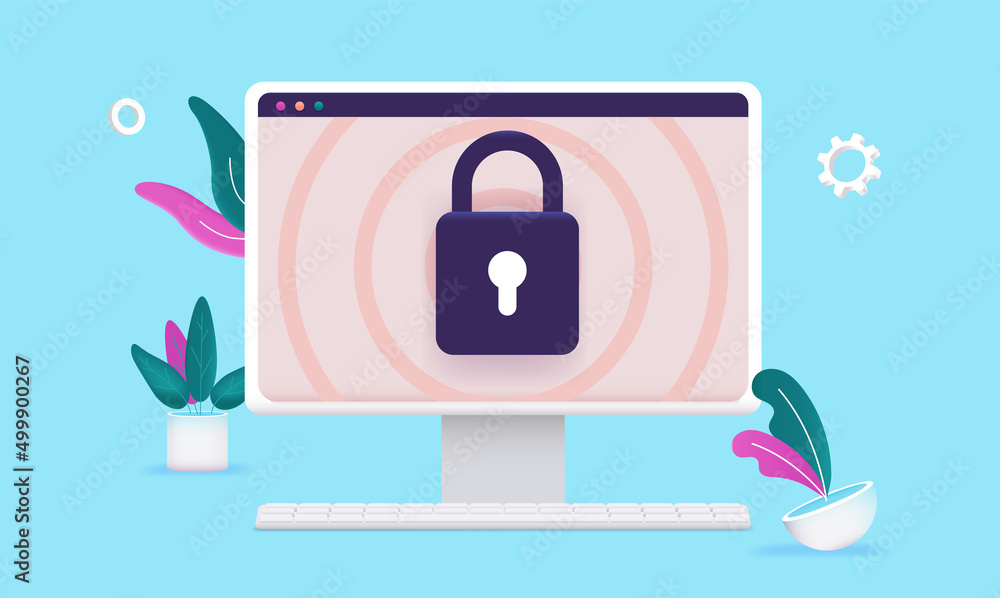 Poster Computer security illustration with desktop screen and locked padlock in bright cartoon style vector