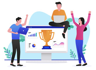 Digital winning team - Casual business people celebrating online success with trophy and cheering. Flat design vector illustration with white background