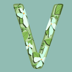 The letter "V". Can be used for various web resources. Floral print will decorate any design. Decorate your magazine, book or any web resource with this beautiful letter.