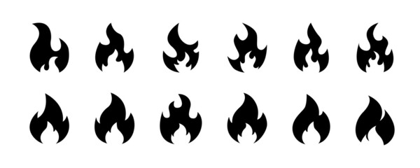 Fototapeta na wymiar Fire flame icon collection isolated on white background. Fire icon collection. Bonfire silhouette logotypes. Burning icons. Black flames collection. Vector graphic. EPS 10