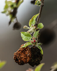 Dead apple on an apple tree branch that begins to sprout