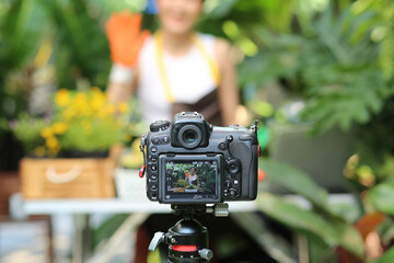 View private images on the camera screen. A young women who owns a cactus garden is filming a video...