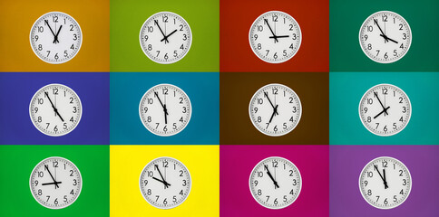 Many round clock showing different times on color backgrounds.