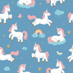Cute dreaming unicorns seamless pattern. Vector sky background with clouds, rain, rainbow and stars. Scandinavian boho style, nursery illustration.