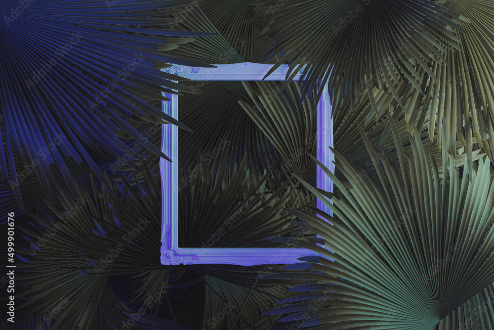 Aufkleber 3d rendering of white picture frame covered by palm leaves in blue and cyan light. flat lay of minim