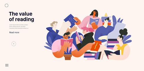 Books graphics -book week events. Modern flat vector concept illustrations of reading people - a group of men and women reading and sharing books and e-books on tablets sitting surrounded by plants