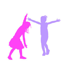 Fototapeta na wymiar Friends summer love, sister girls hugging vector silhouette. Togetherness. Children tenderness and closeness. Young shy kids family love hug. Puberty. Happy little girlfriends play and enjoy outdoor.