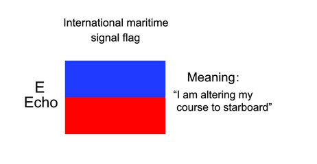 International maritime signal flag Echo vector illustration. Alphabet visual communication between vessel boat. Fishing or military navy ship navigation system on ocean, sea. Protect against alert.