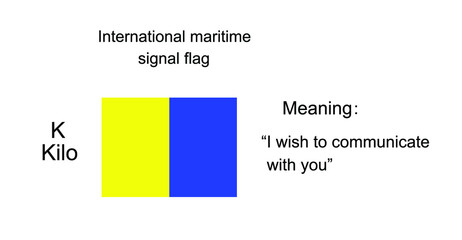International maritime signal flag Kilo vector illustration. Alphabet visual communication between vessel boat. Fishing or military navy ship navigation system on ocean, sea. Protect against alert. - obrazy, fototapety, plakaty