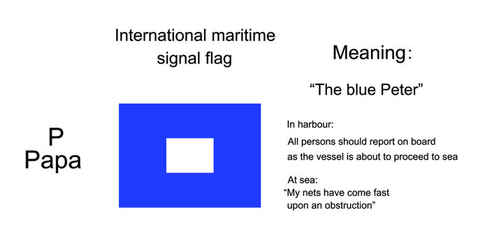 International maritime signal flag Papa vector illustration. Alphabet visual communication between vessel boat. Fishing or military navy ship navigation system on ocean, sea. Protect against alert.