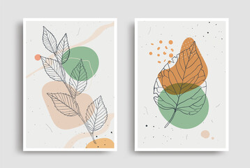 Organic shapes and leaves designed for wall decoration, print. Floral modern posters. Botanical minimal background with pastel colors. Vector illustration