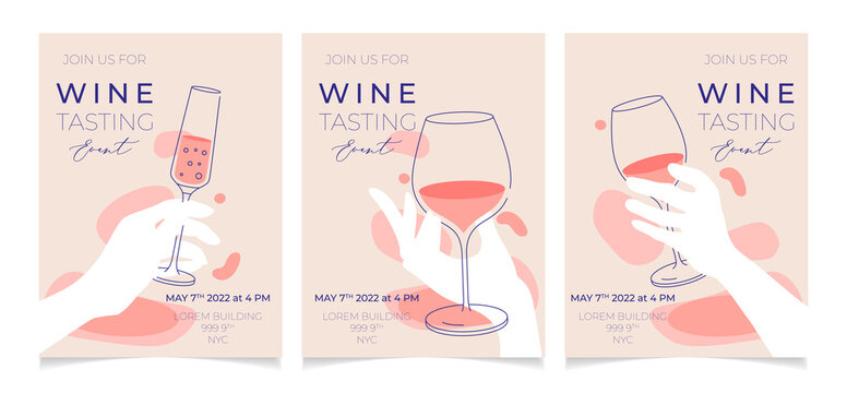 Set of outline illustrations of wine glass with white, red and sparkling wine, vector. Splashes of wine, liquid, drops. Drawings for wine designs. Event, party, presentation, promotion, menu.