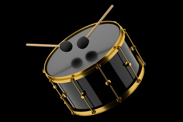 Fototapeta na wymiar Realistic drum and wooden drum sticks on black. 3d render of musical instrument