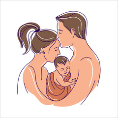  Young smiling parents mother and father family holding small toddler infant newborn baby.Happy family and childhood concept. Vector illustration in modern style
