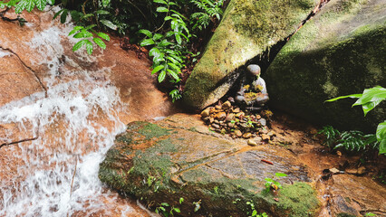 Nascente de uma cachoeira com água, plantas e rochas