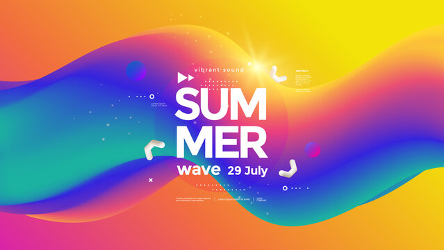 Summer colorful bright wave poster. Abstract gradients waves music background. Fluid flow rainbow. Vector