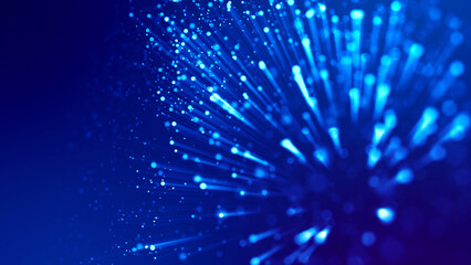 Naklejka premium Blue light rays like laser show for bright festive presentation. 3d rendering of abstract blue background with glowing particles like micro world science fiction with depth of field and bokeh.