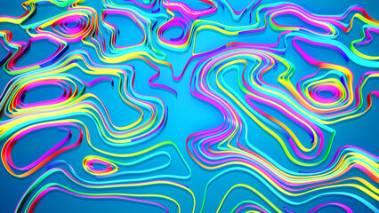 Abstract bg with multicolor lines or ribbons forming curl noise on blue plane. Concept of abstract computing neural network or ai. Curved ribbons on plane. 3d render