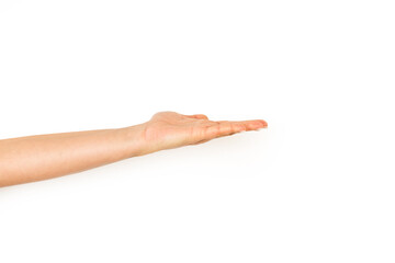 Brazo de mujer extendiendo la mano con la palma hacia arriba sobre un fondo blanco liso y aislado....