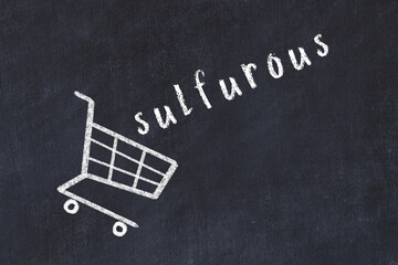 Chalk drawing of shopping cart and word sulfurous on black chalboard. Concept of globalization and mass consuming