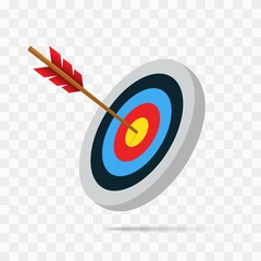 Archery target with arrow isolated on transparent background. Target with arrow icon set. Archery target with arrow. Bullseye concept vector illustration. Vector graphic - obrazy, fototapety, plakaty