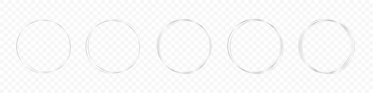 Silver circle frame set. Round frame set. Geometric line circle design silver frames. Round shape borders. Hand drawning circle line sketch set. Vector graphic