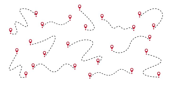Black dotted line path with red location pin pointers. Travel path set. Line path collection. Way and location pointers. GPS concept. Vector graphic