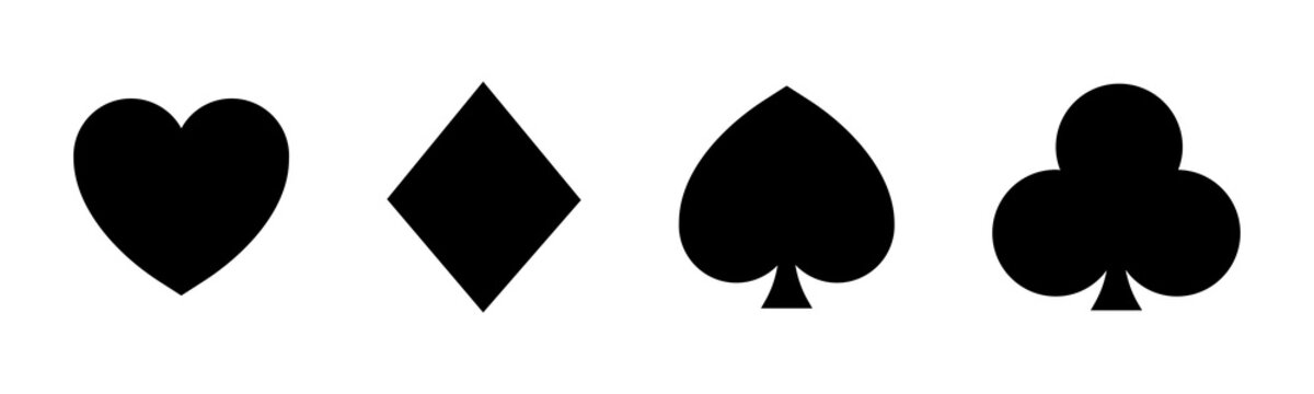Playing card suit icons. Heart dimond club spade shapes. Gamble game cards. Vector graphic