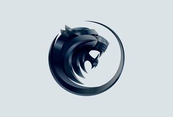 Black tiger or lion head profile, 3D portrait, vector logo